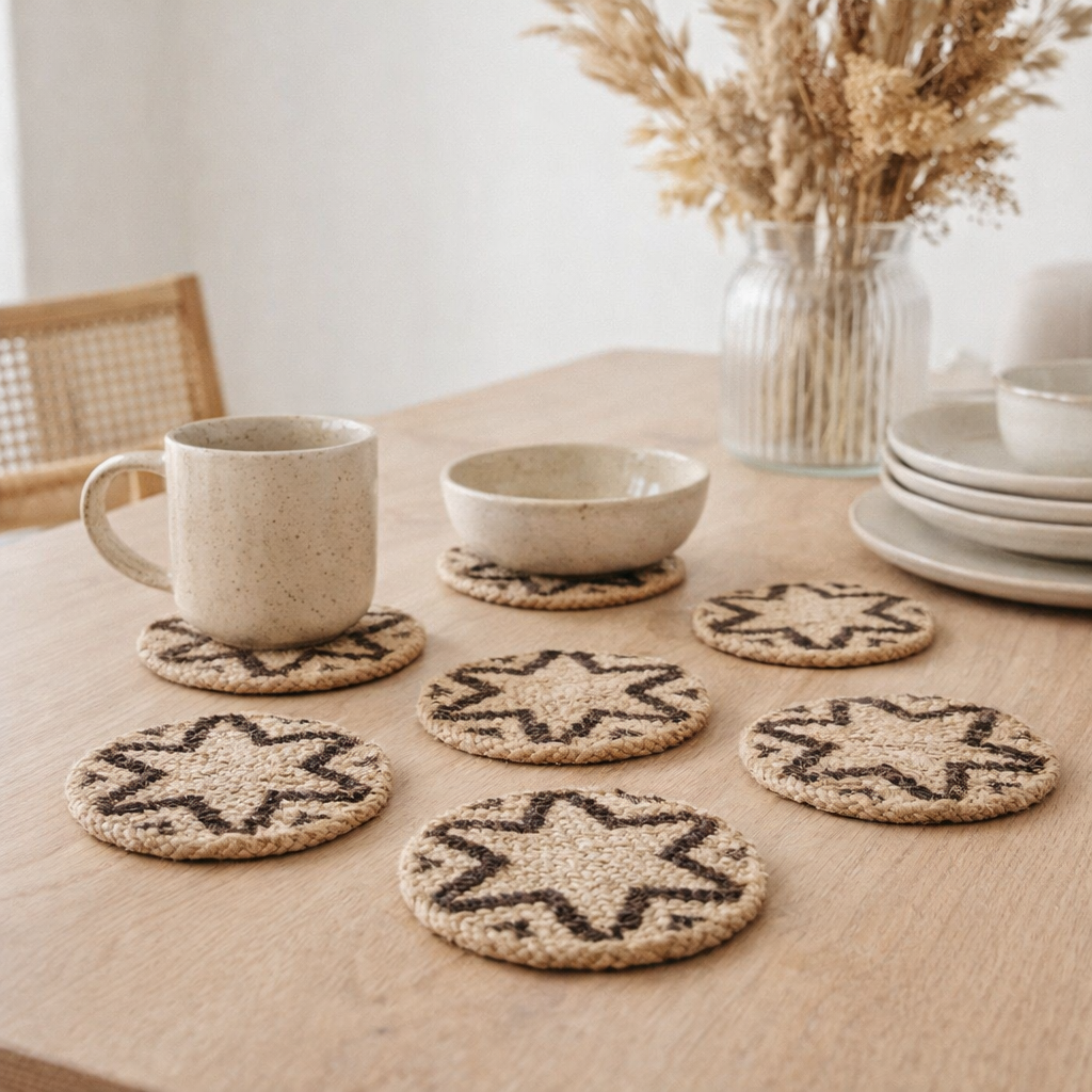J-Line dessous de verre Round Star - jute - naturel/marron - 6 pièces en situation