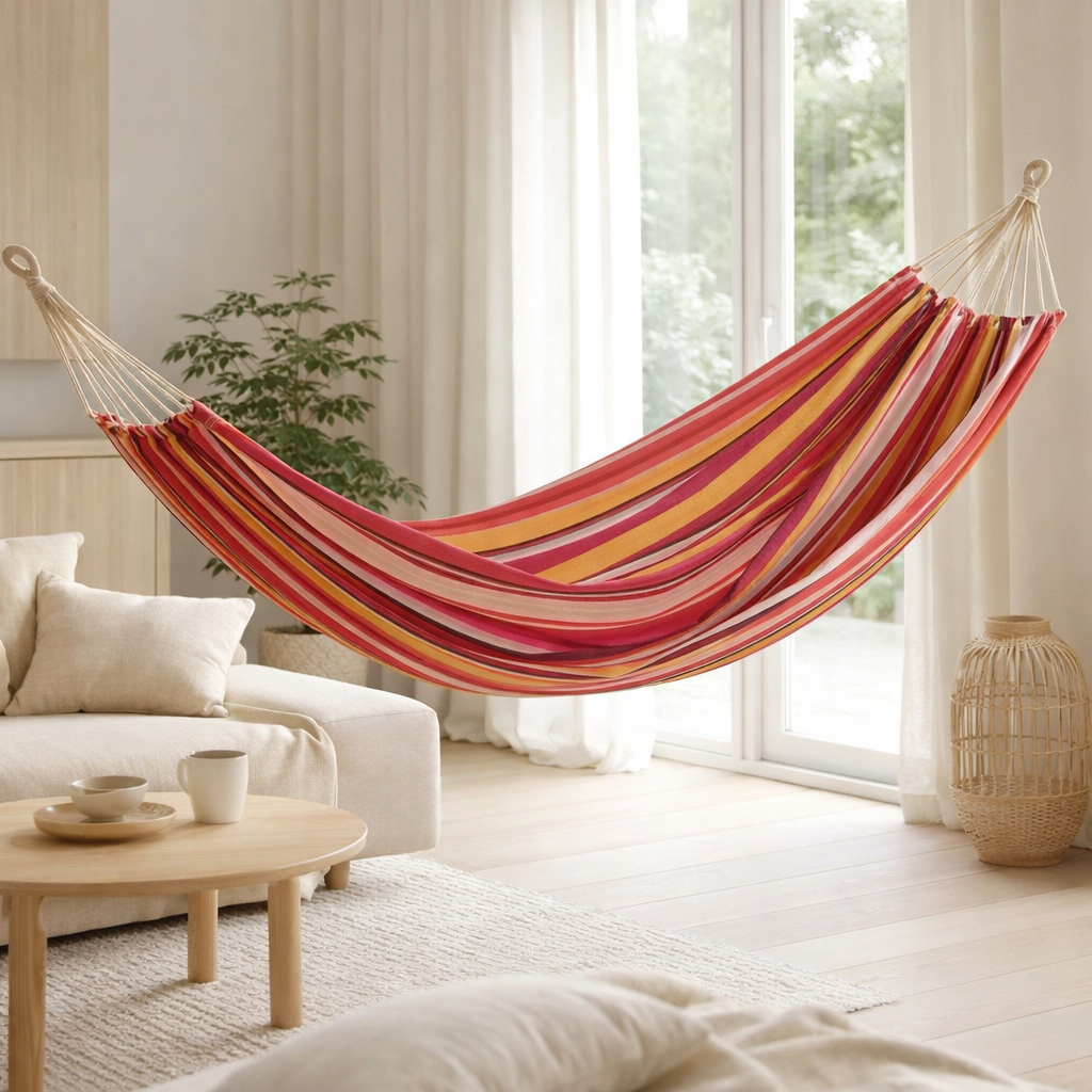 J-Line Hamac Rayures Coton/Polyester Rose Vif+Mix en situation