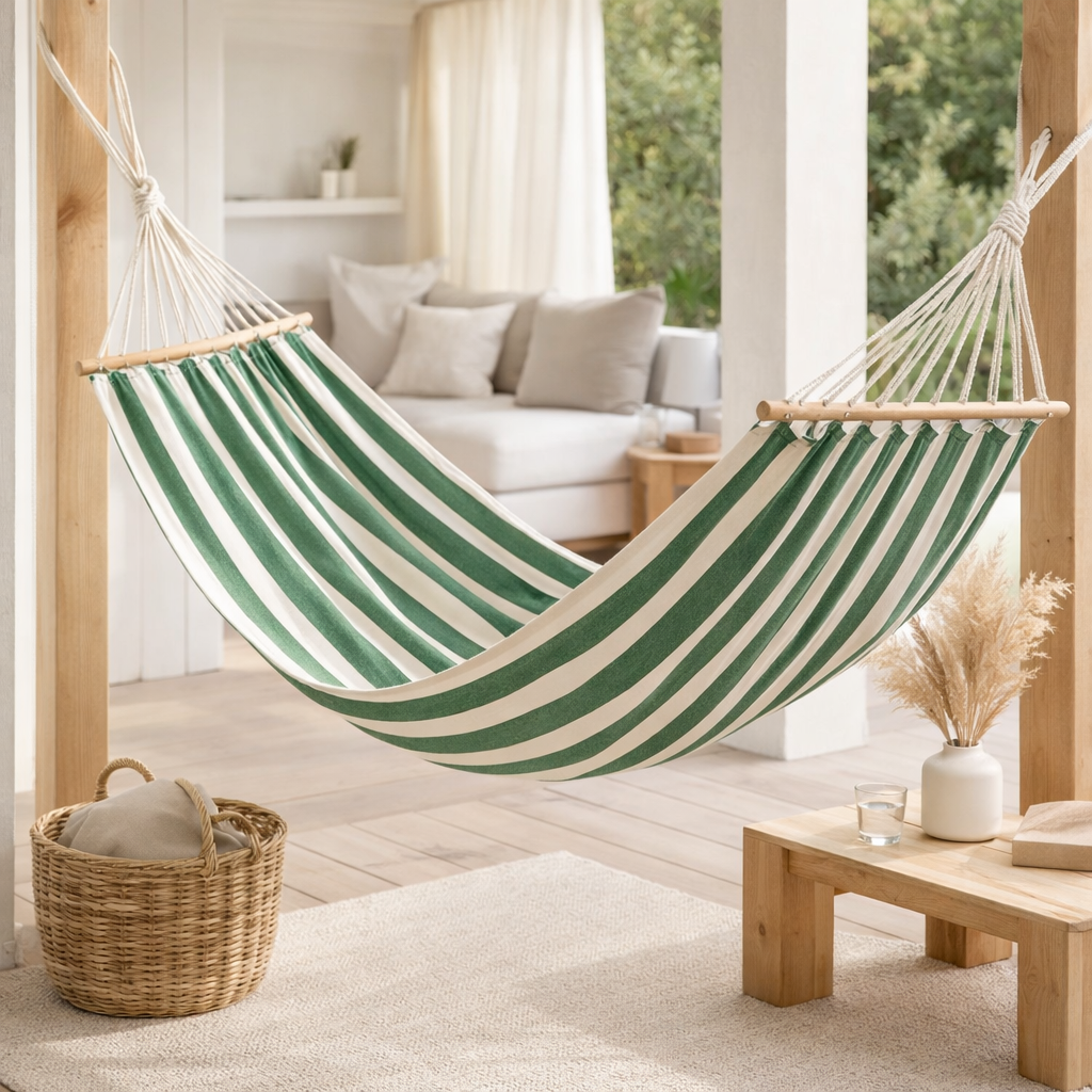 J-Line Hamac Rayures Coton/Polyester Vert Foncé/Blanc en situation