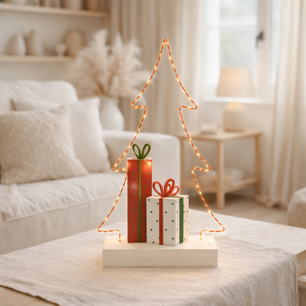 J-Line Sapin de Noël+Gifts LED Blanc/Rouge/Vert Grand en situation
