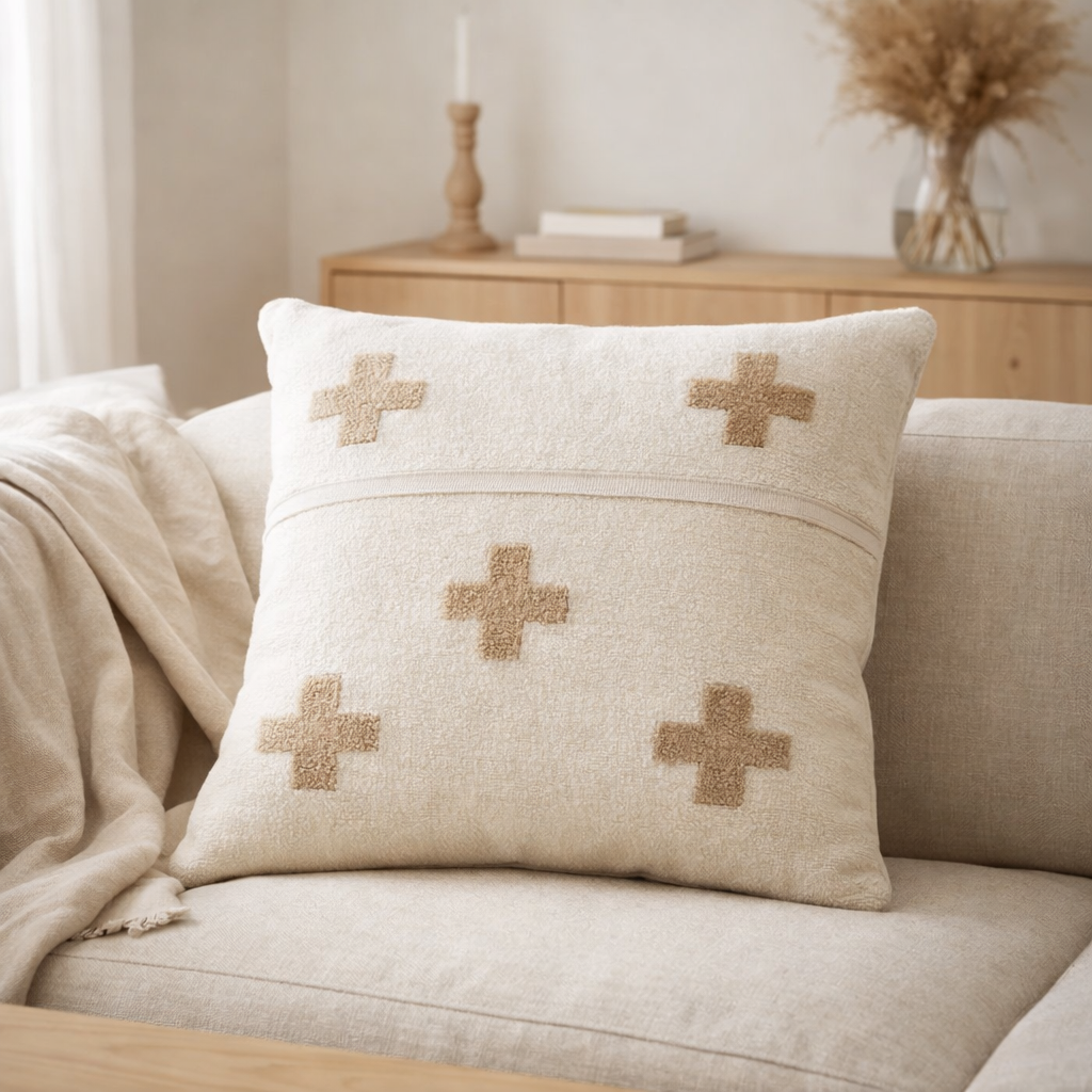 Coussin J-Line Croix Ethnique - laine/coton - crème/beige en situation