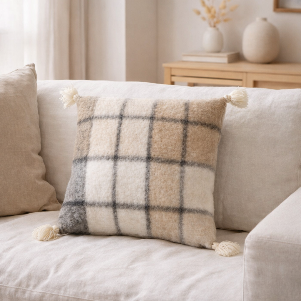 Coussin pompon J-Line - polyester - beige en situation