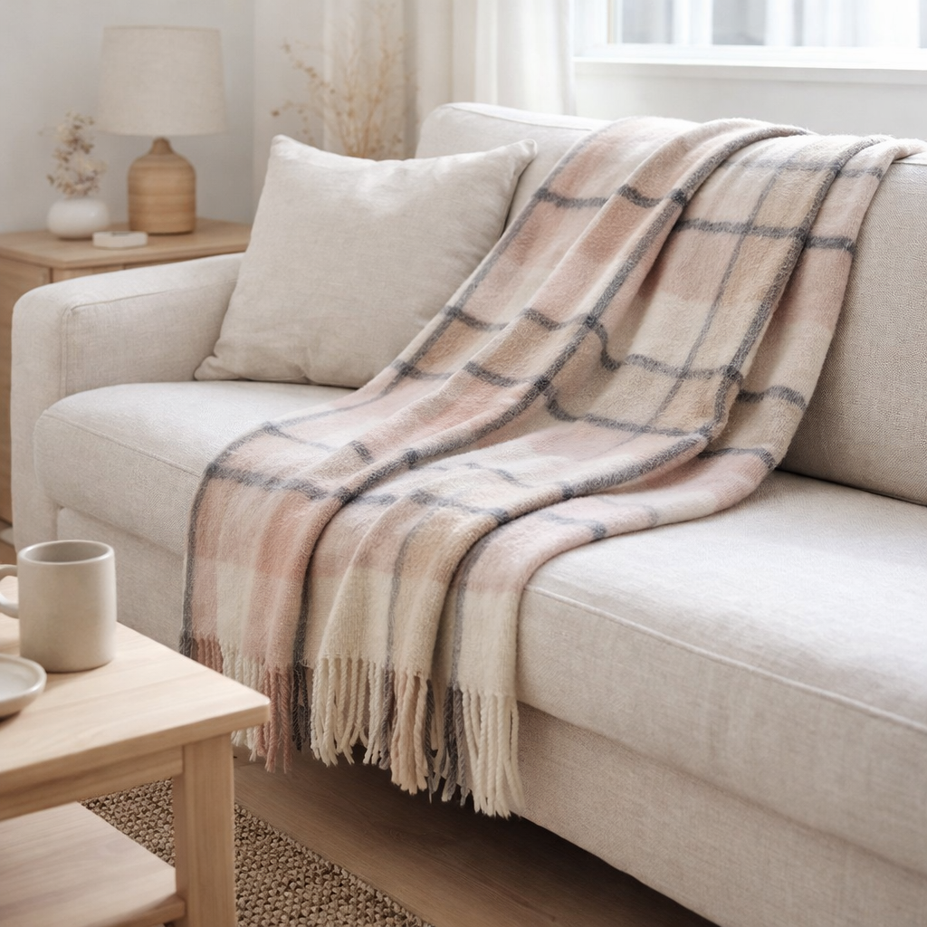 J-Line Plaid à carreaux - polyester - beige/rose - 180 x 130 cm en situation