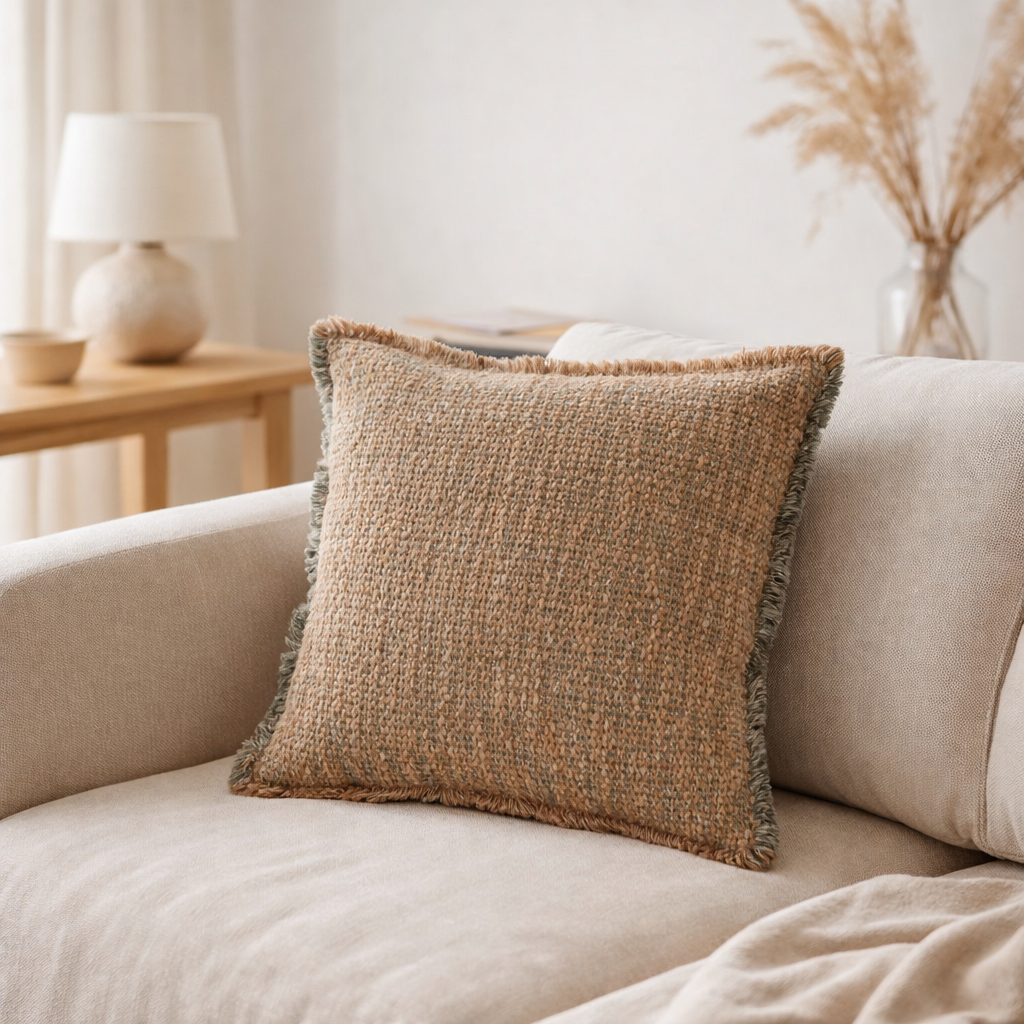 Coussin J-Line Bords effilochés Polyester/Coton Marron clair/Vert en situation