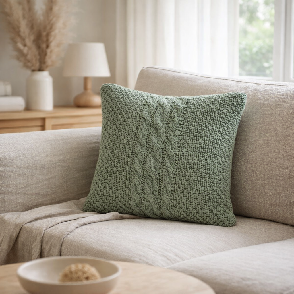 J-Line Coussin Tricot+Tresse Coton Lavé Vert en situation