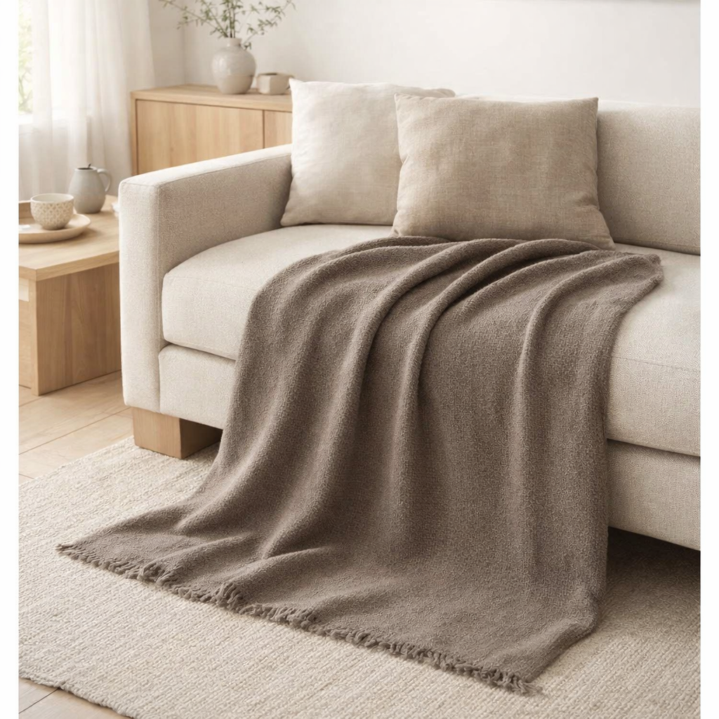 J-Line Plaid Bords Effilochés Coton/Polyester Taupe en situation