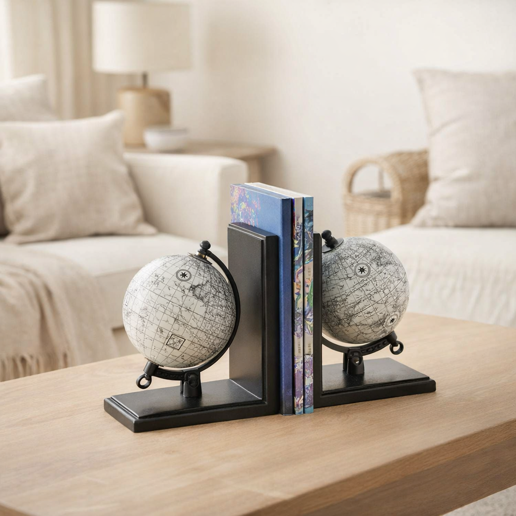 J-Line serre-livres Globe - bois - gris/noir - lot de 2 en situation