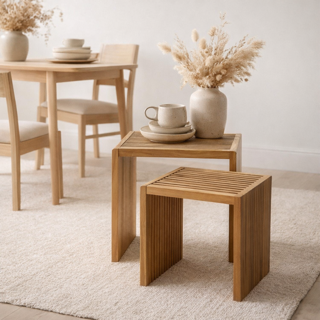 Table d'appoint J-Line Cube Recyclé - bois - naturel - lot de 2 en situation