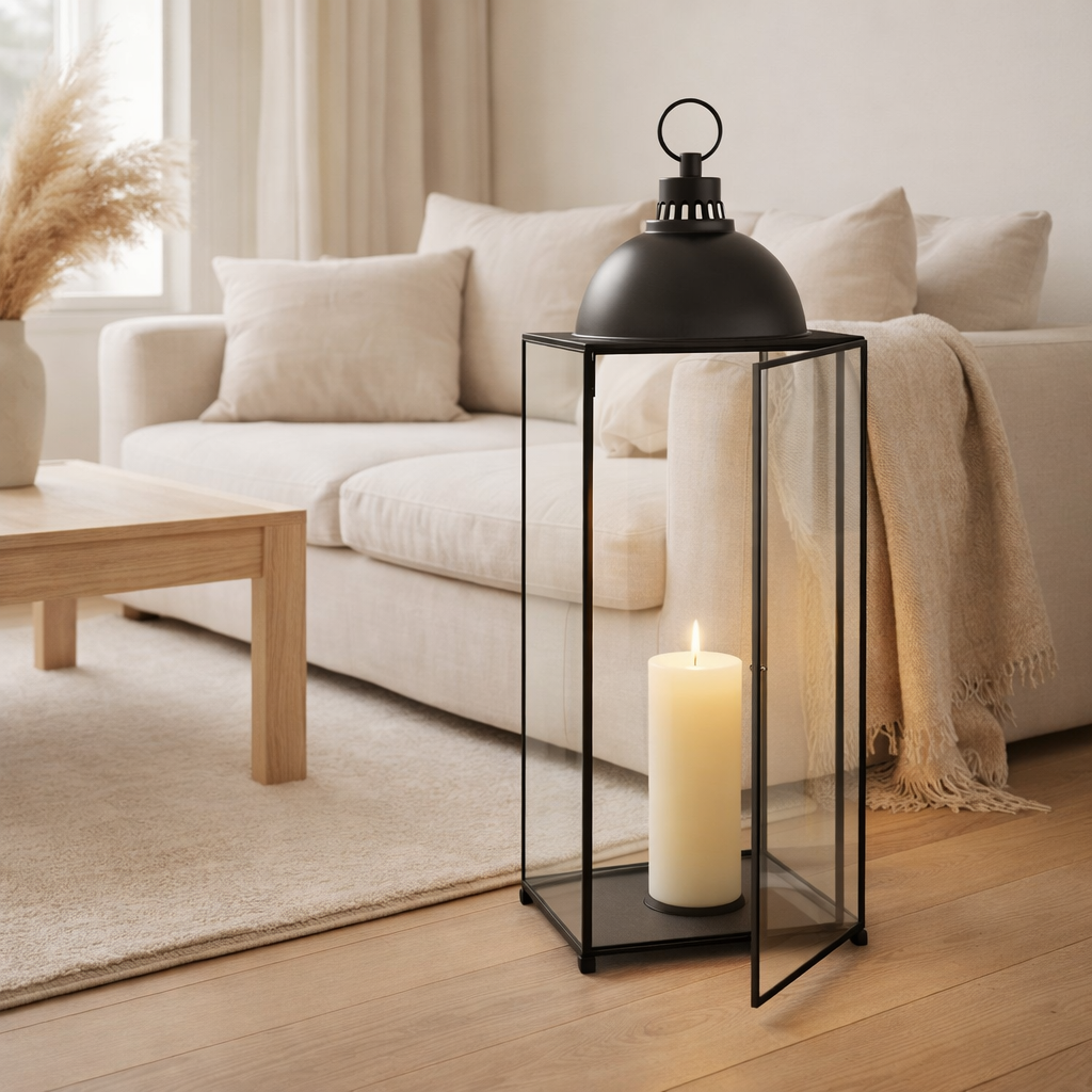 Lanterne J-Line Hagrid - verre/fer - noir - grande en situation