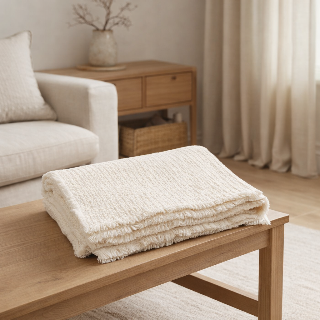J-Line Plaid bords effilochés - coton/polyester - blanc - 180 x 130 cm en situation