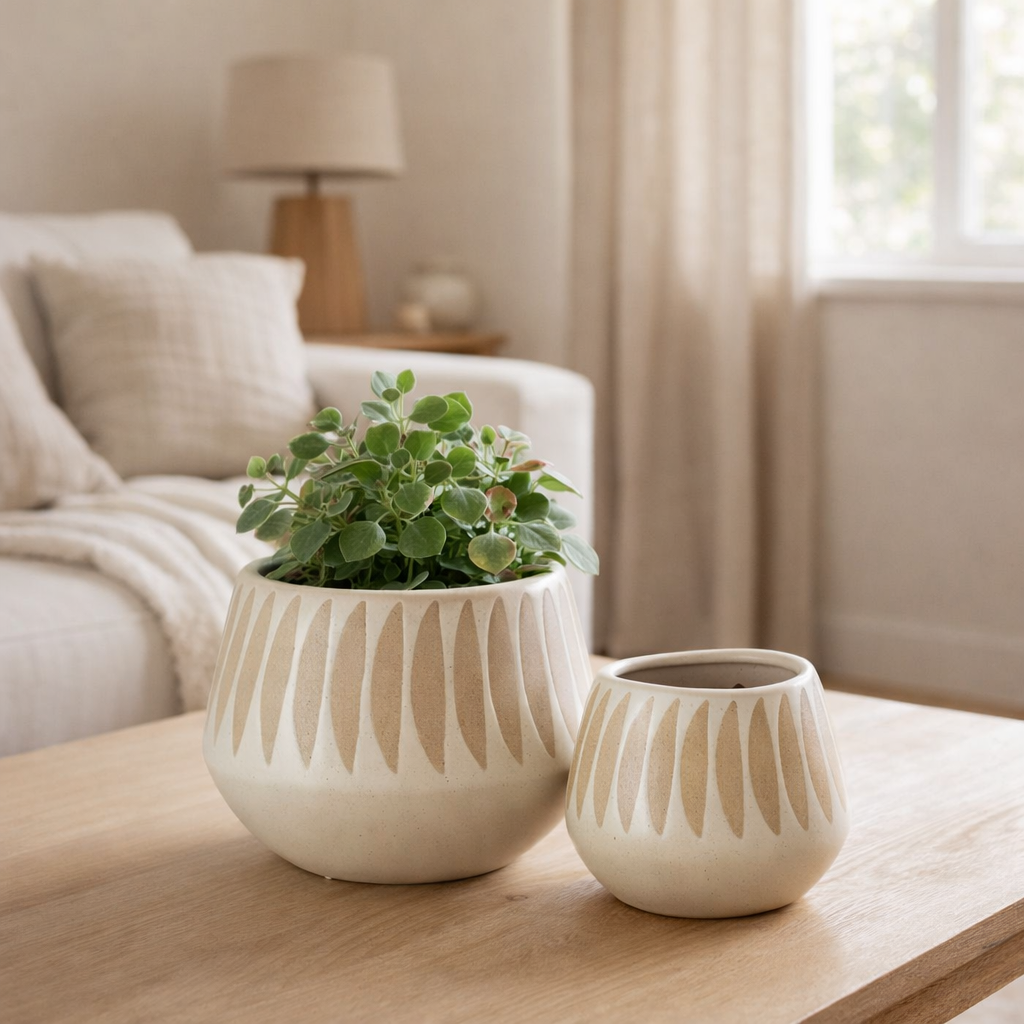 J -line Flowerpot Kai - Céramique - Beige / White - Grand - Ø 20 cm en situation