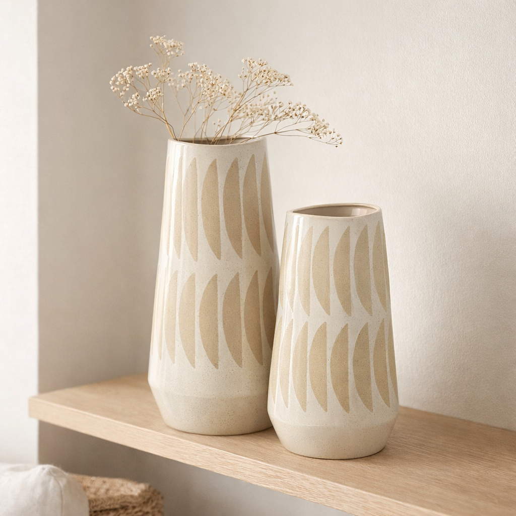 J -line Vase Kai - Céramique - Beige / White - Grand - 40 cm de haut en situation