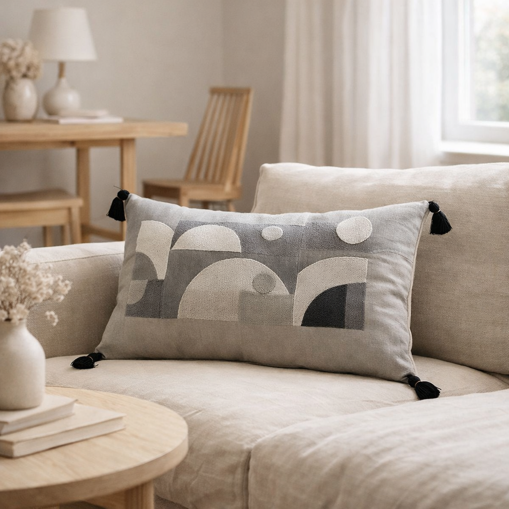 J-Line coussin Graphic Shapes Rectangle - coton - gris en situation