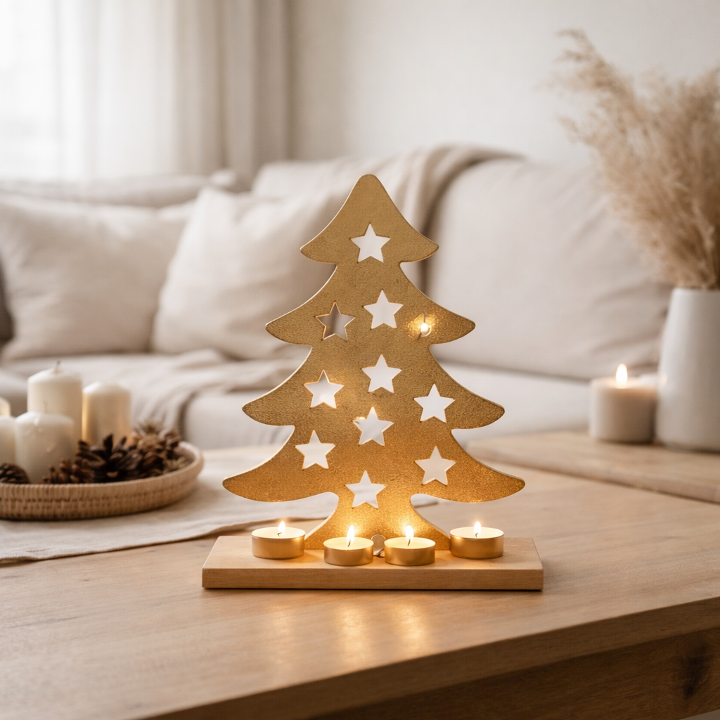 J -Liline Tealight Holder Christmas Tree - Aluminium / Wood - Gold - Large en situation