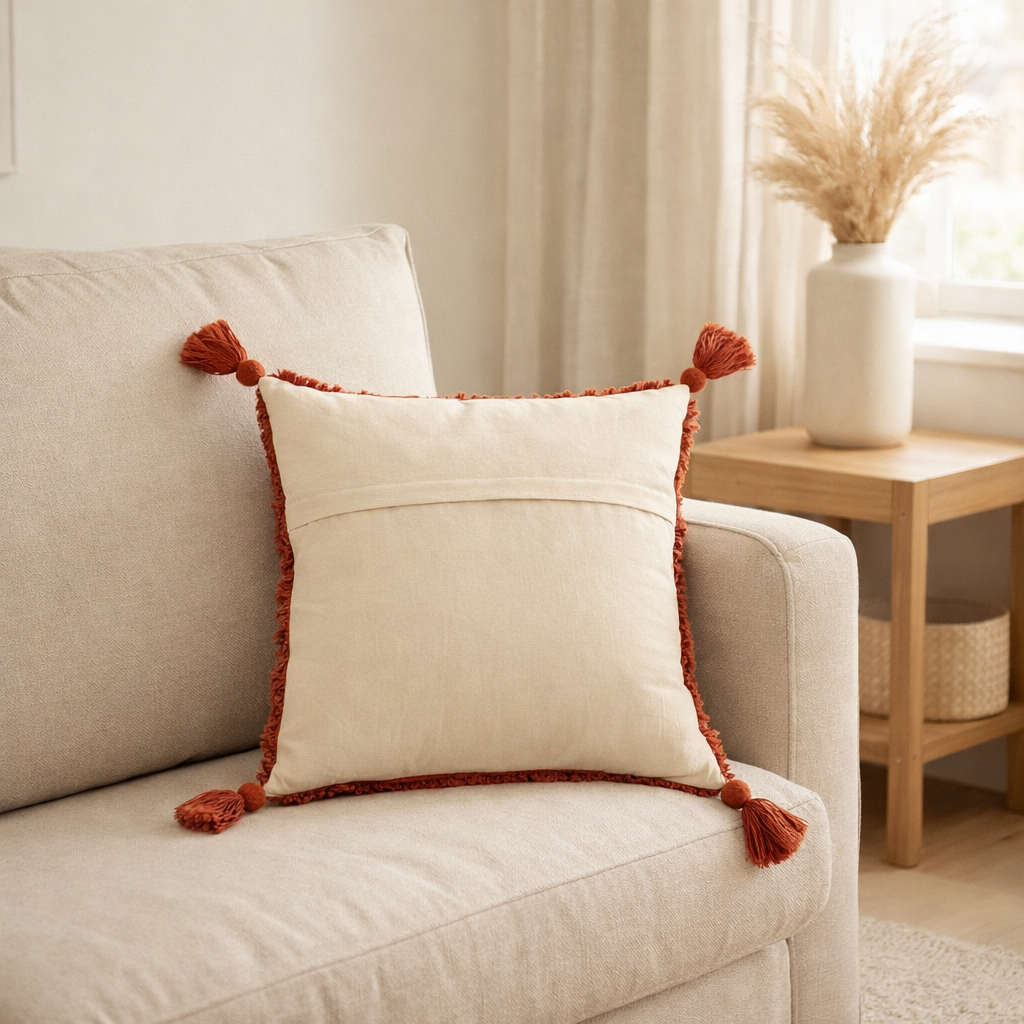 Coussin J-Line Tufté + Pompons Coton Brique en situation