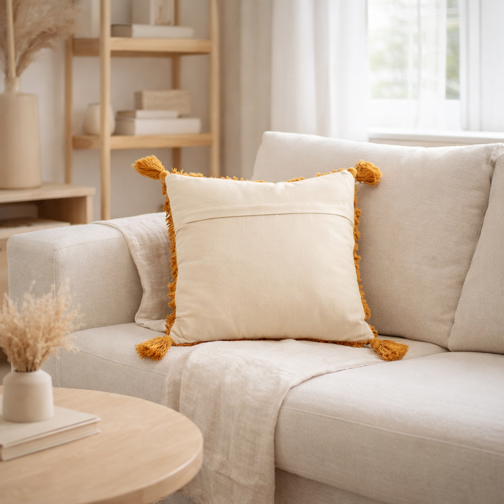 Coussin J-Line Tufté + Pompons - coton - ocre en situation