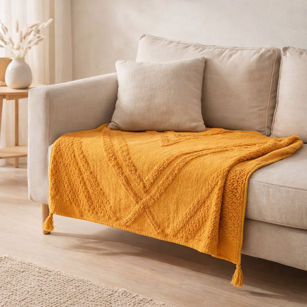Plaid J-Line Tufted + Kwatsen - coton - ocre - 130 x 180 cm en situation