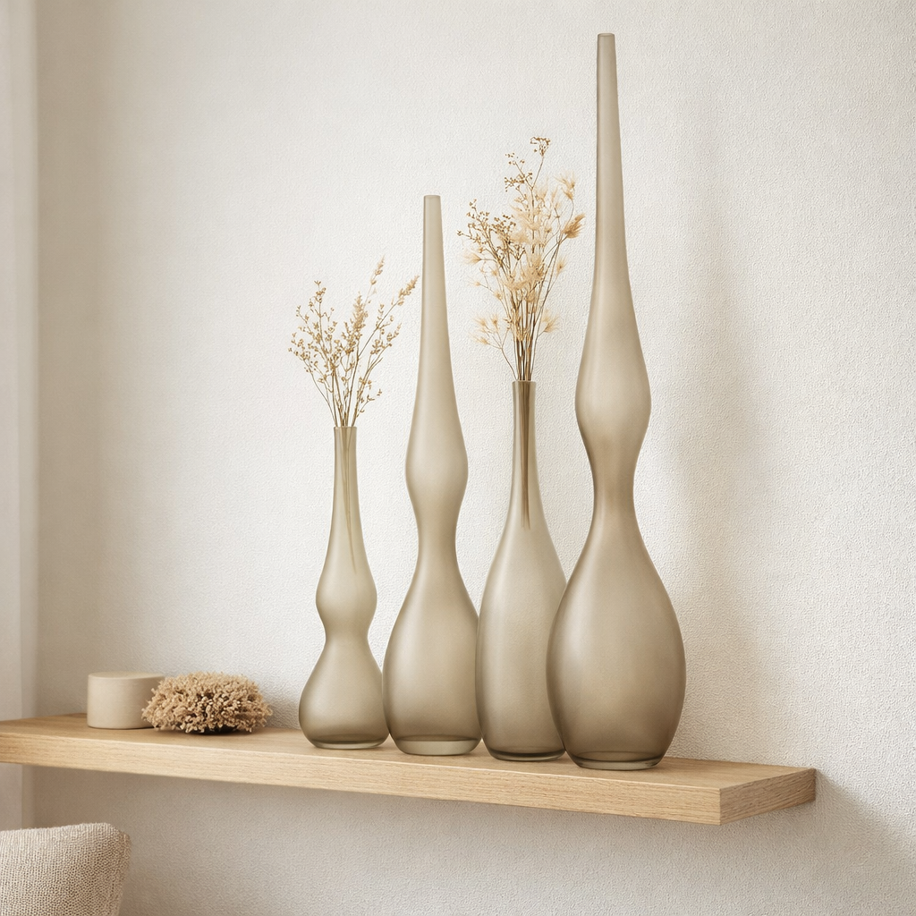 J -line Vase Yara Flûte courbée - Verre - Greige - 3 pièces - 64 cm de haut en situation