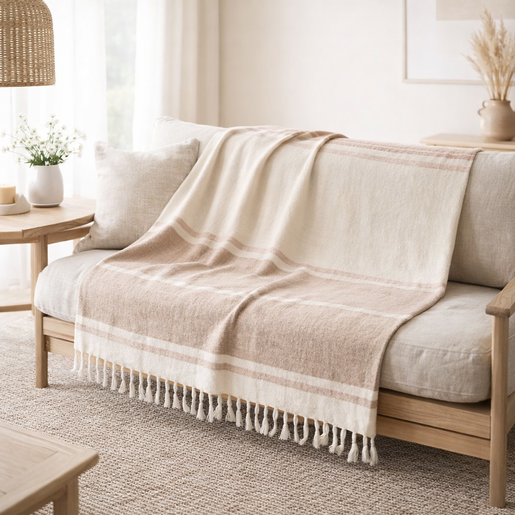 Plaid J-Line Rayé + Franges - rose clair/blanc/beige - 180 x 130 cm en situation