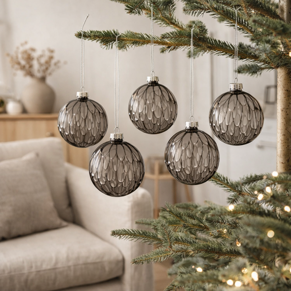Boule de Noël J-Line Spotted - verre - noir transparent - S - boîte de 6 en situation