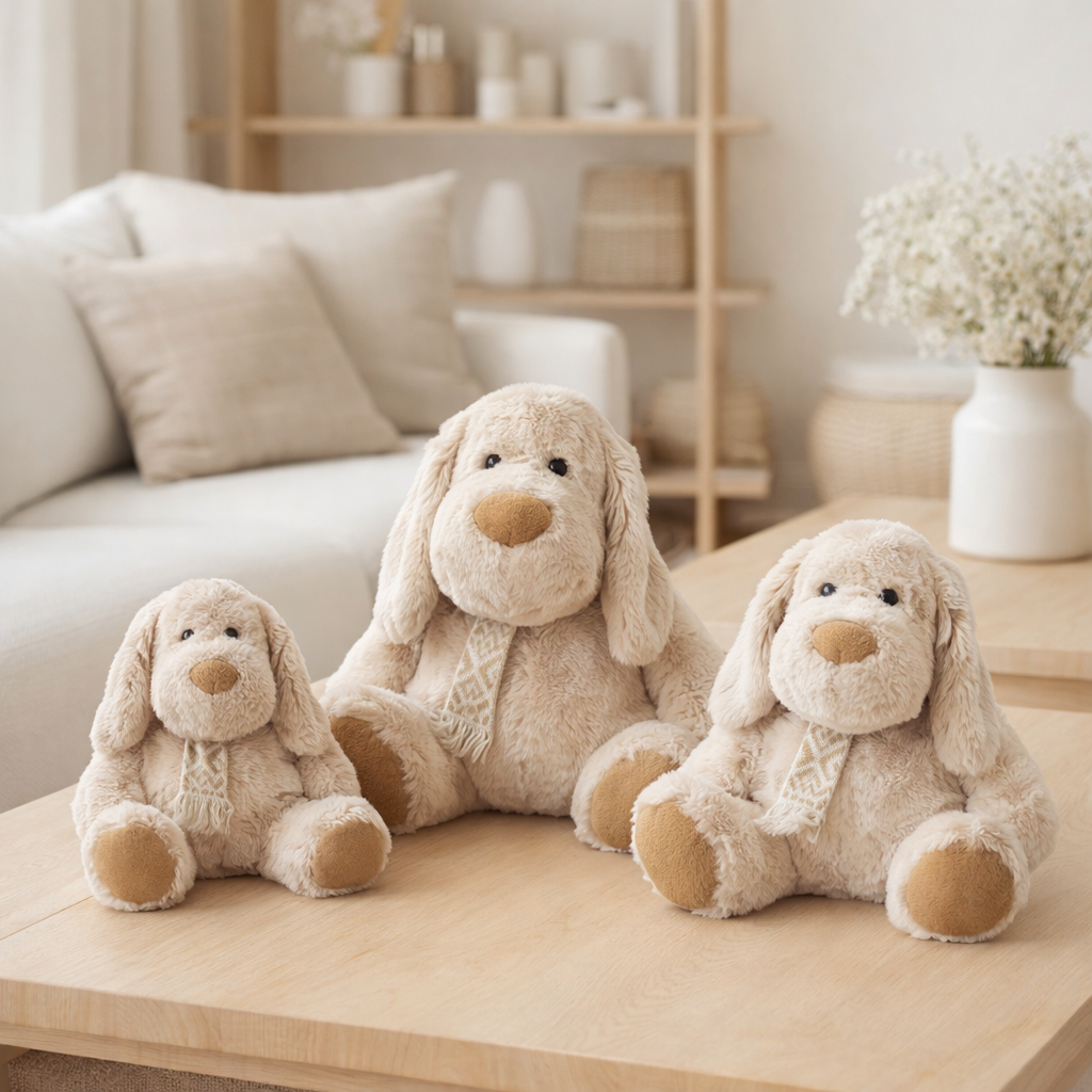 J-Line Chien+Écharpe Assis Peluche Polyester Beige/Marron Large en situation
