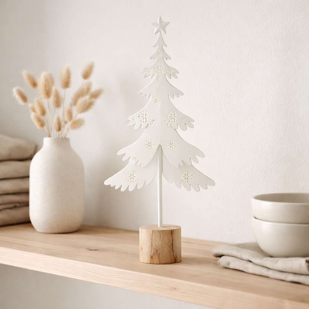 J - Decoration de la ligne arbre de Noël à pied + étoile - Metal - Wood - White - L en situation