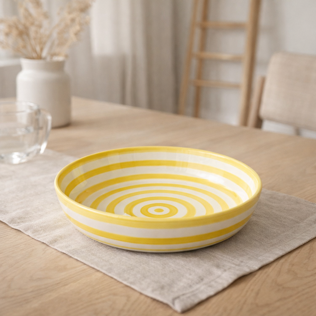 Échelle J-LIGNE GRANADE STRIPTÉS LOBS - Céramique - Blanc / Jaune - L - Ø 25 cm en situation