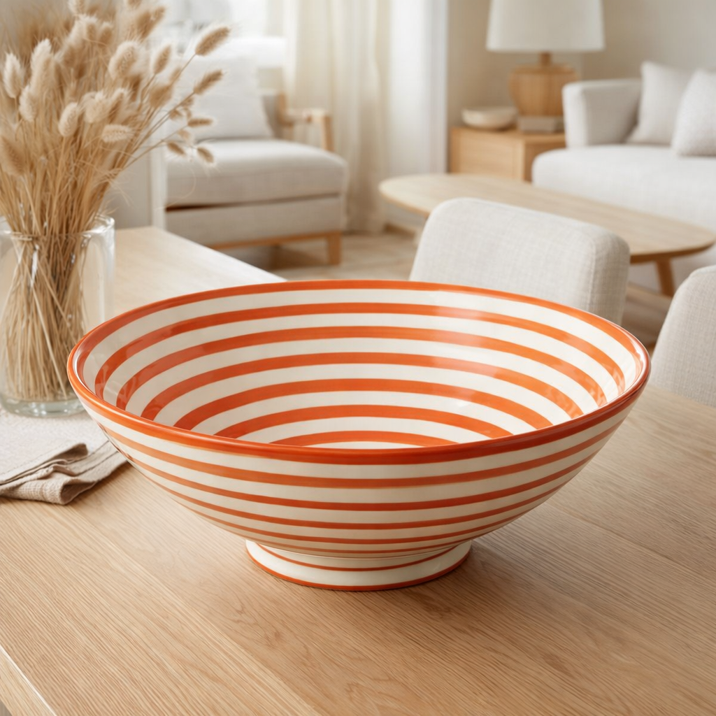 J -line Kom Lebrillo Granada Stripes - Céramique - Blanc / Orange en situation