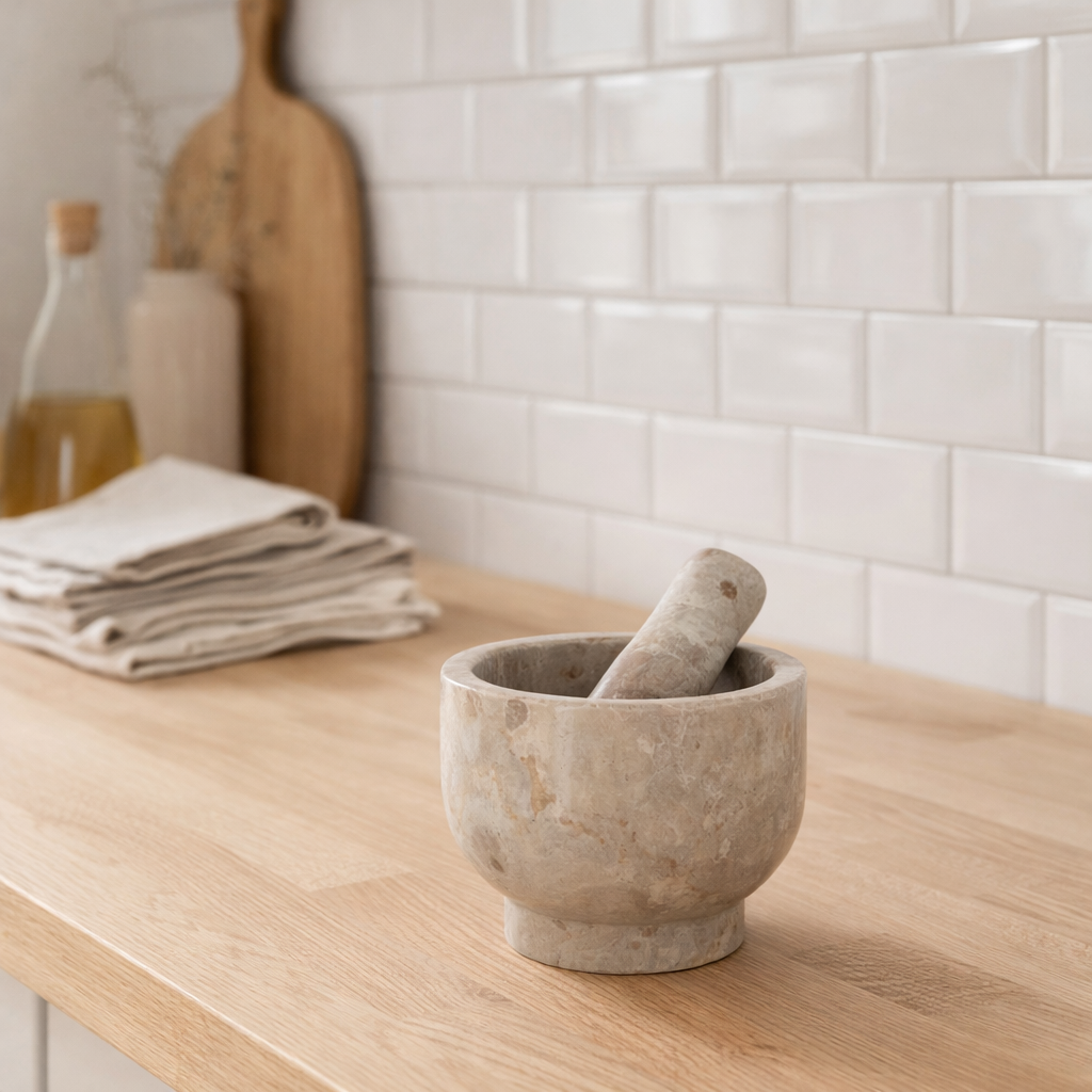 Mortier + pilon J-Line Marbre - pierre - beige en situation