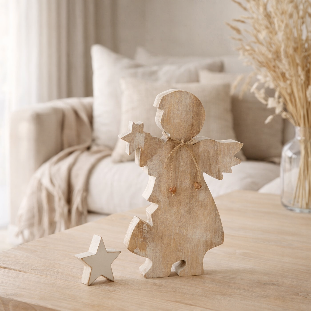 J-Line Engel Ster Mango Hout White Wash/Wit Large en situation