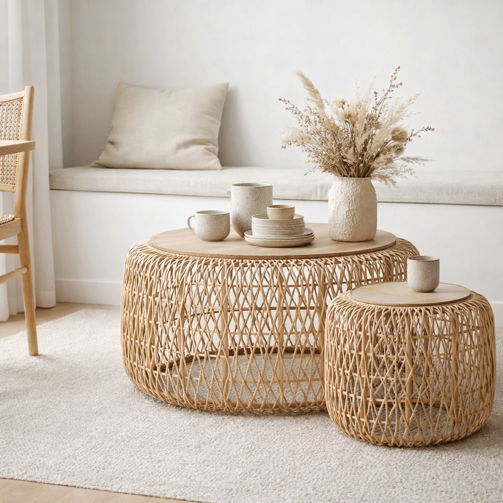 J-Line Set de Deux Tables d'Appoint Africa Bambou/Bois de Sapin Naturel en situation