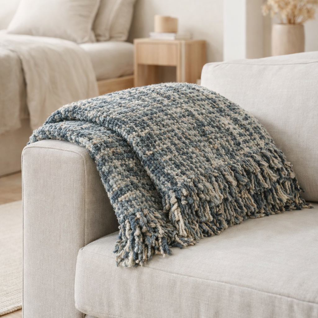 J-Line Plaid tweed - coton - bleu/blanc - 180 x 130 cm en situation