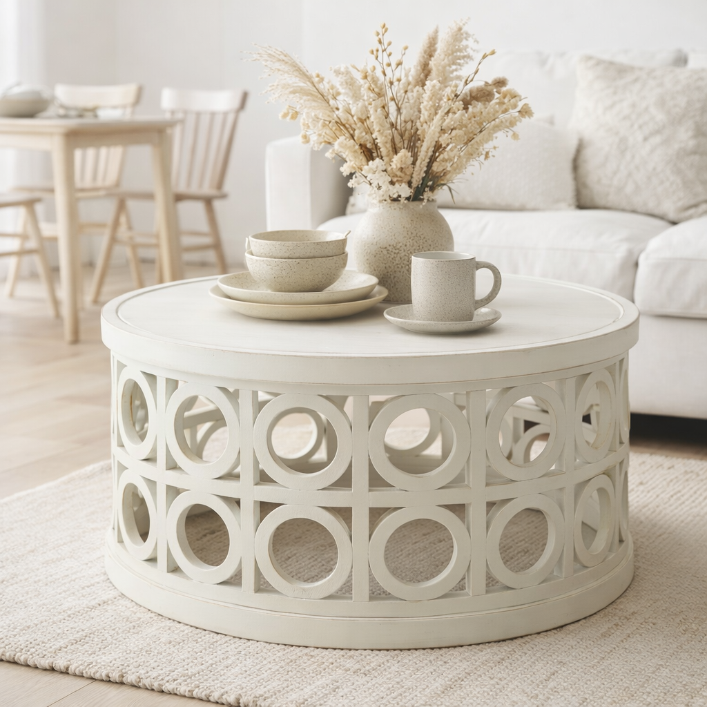 Table basse J-Line en épicéa sculpté/MDF blanc en situation