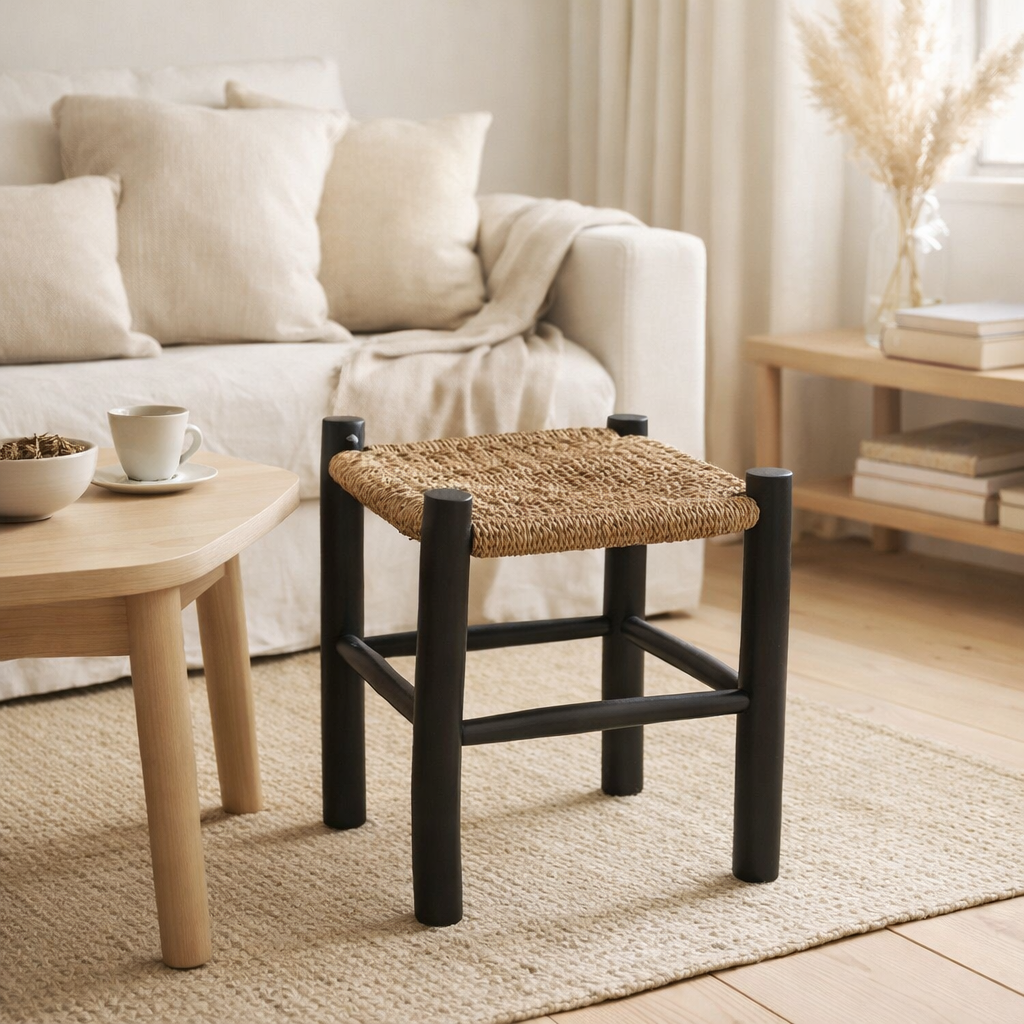 Pouf J-Line Carré Bois Teck/Herbier Noir/Naturel en situation