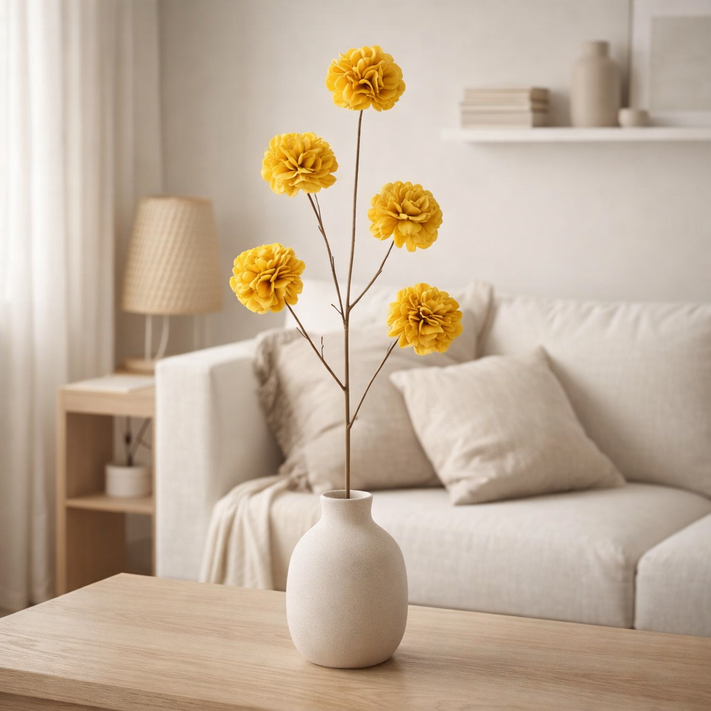Branche fleurie J-Line 5 pompons Eva - plastique - jaune en situation