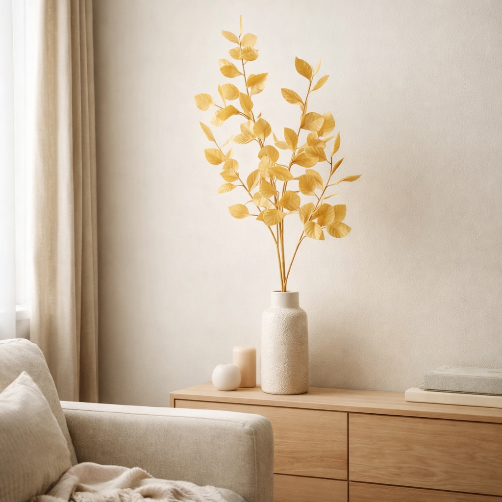 Branche de décoration J-Line Feuilles Eva - plastique - jaune en situation