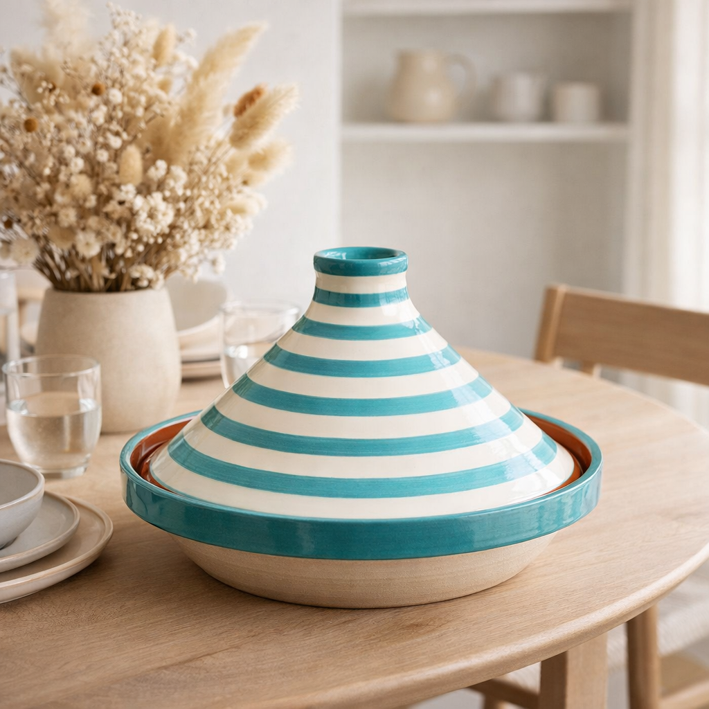 J -line Tajine Grenada Stripes - Céramique - Blanc / Aqua en situation
