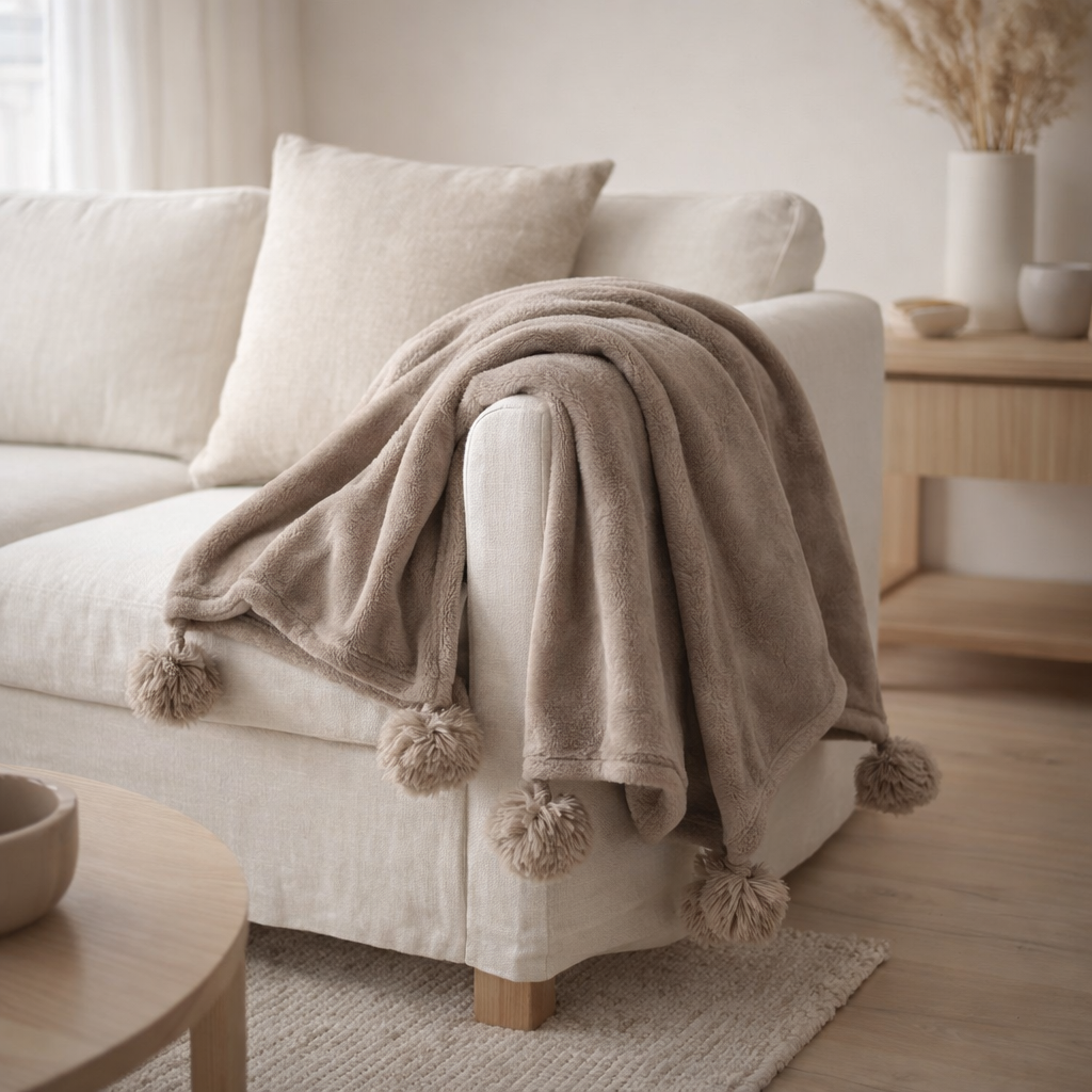 Pompon à carreaux J-Line - polyester - taupe - 170 x 130 cm en situation
