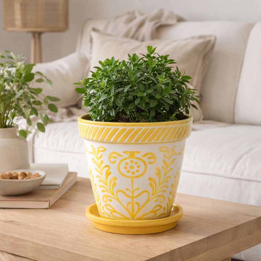 J -line Flowerpot Grenade MAINS MAINTAGE + PEINTÉ - KEI - Jaune - M - Ø 27 cm en situation