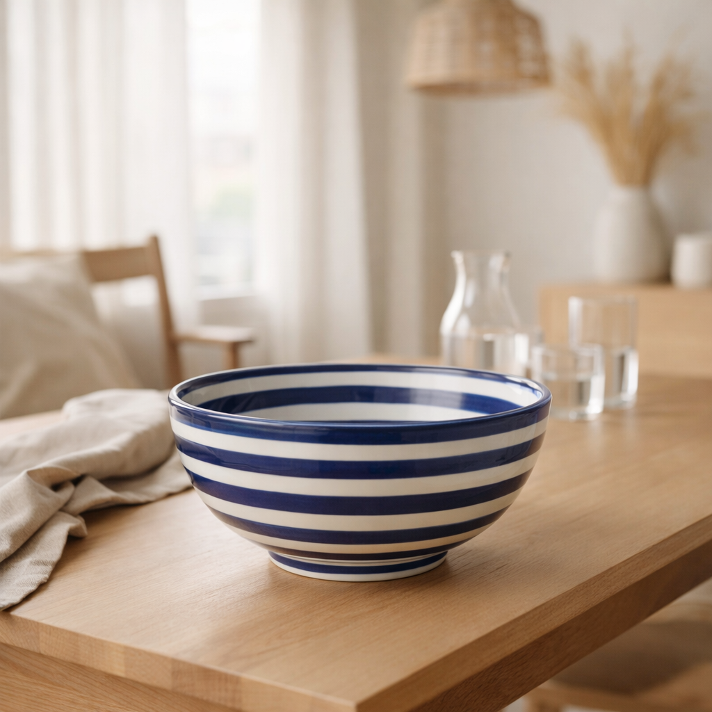 J -line Kom Grenada Stripes - Céramique - Blanc / Bleu - Grand - Ø 28 cm en situation
