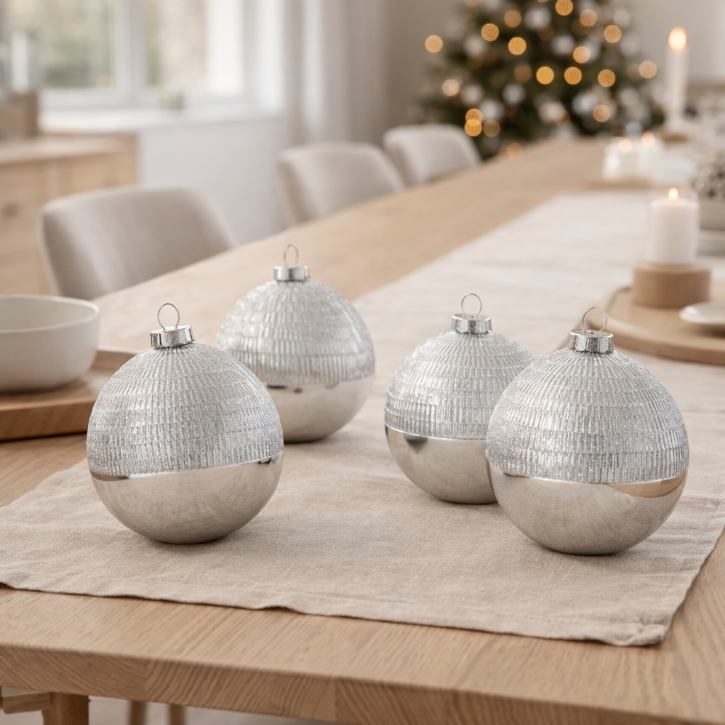 J-Line Boîte de 4 Boules de Noël Line Verre Transparent Argenté Large en situation