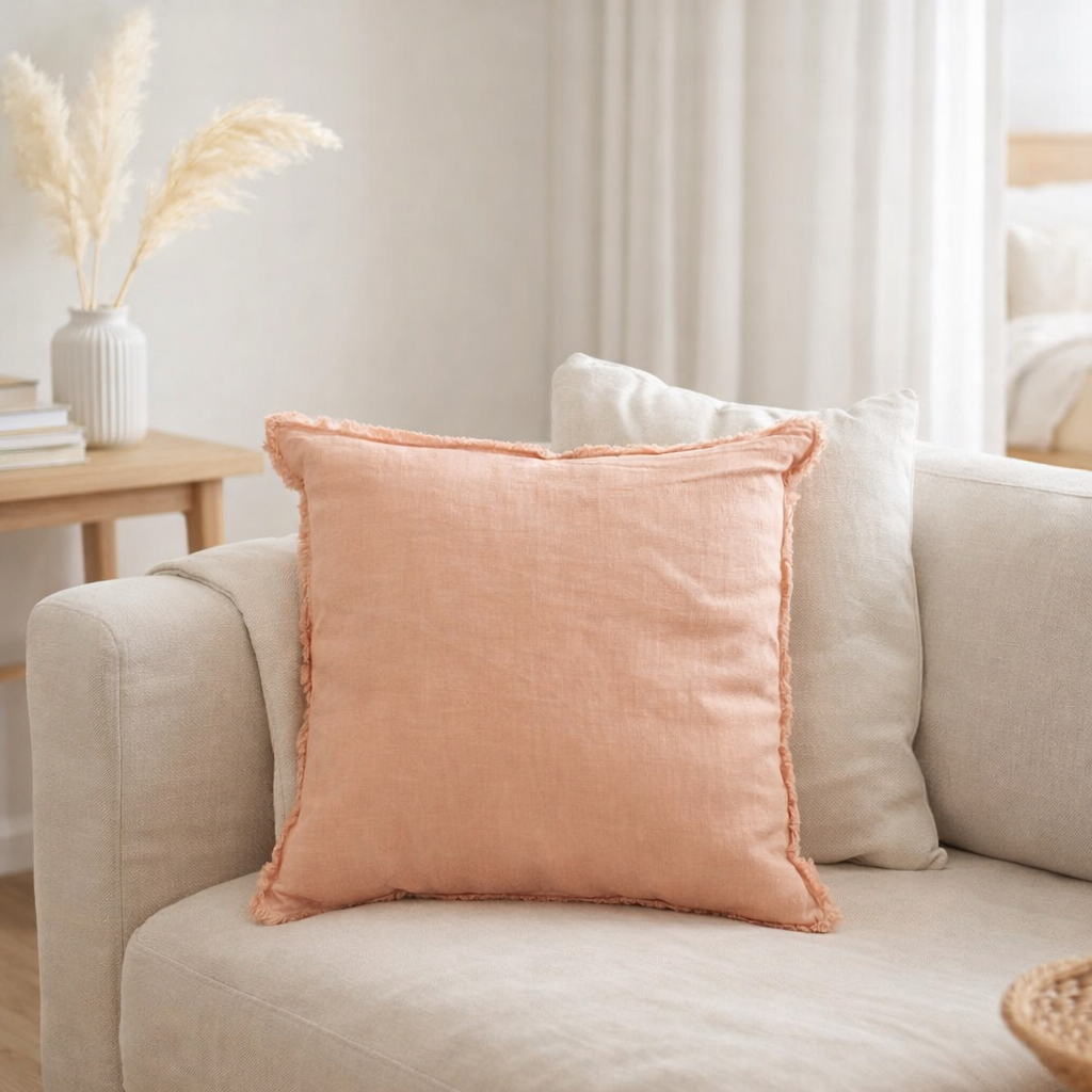 Coussin J-Line Stonewashed - lin - abricot en situation
