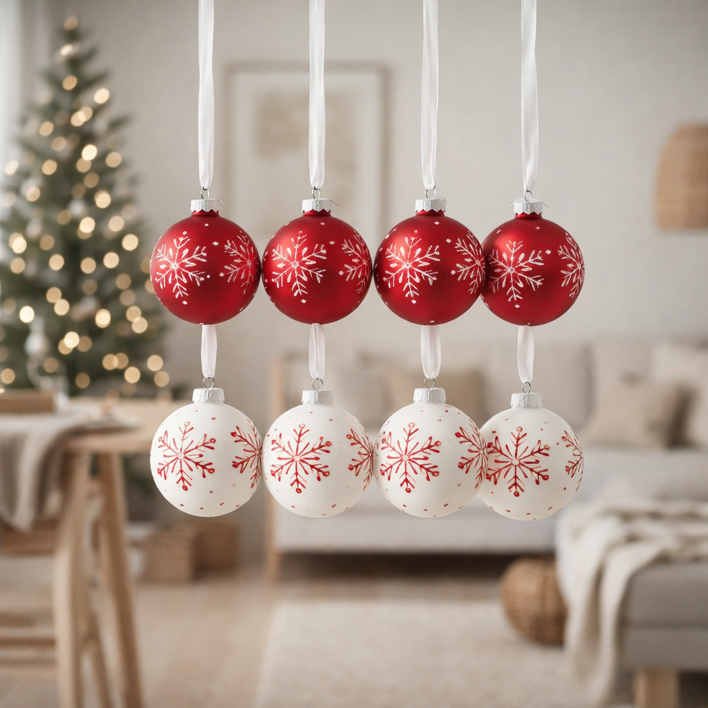 J-Line Boule de Noël Flocons de neige - verre - blanc/rouge - S - boîte de 6 en situation