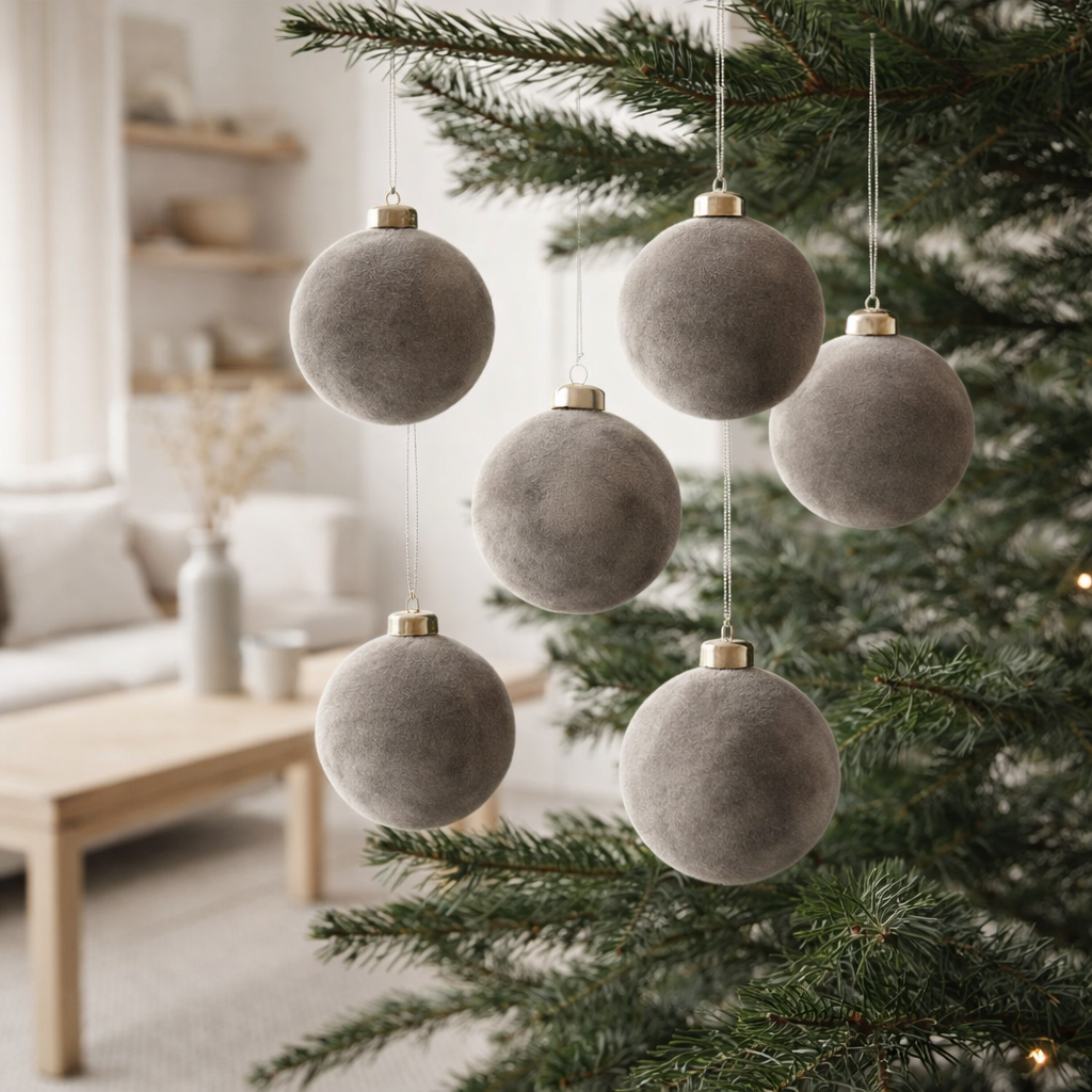 Boule de Noël J-Line - velours/verre - gris - petite - boîte de 6 en situation
