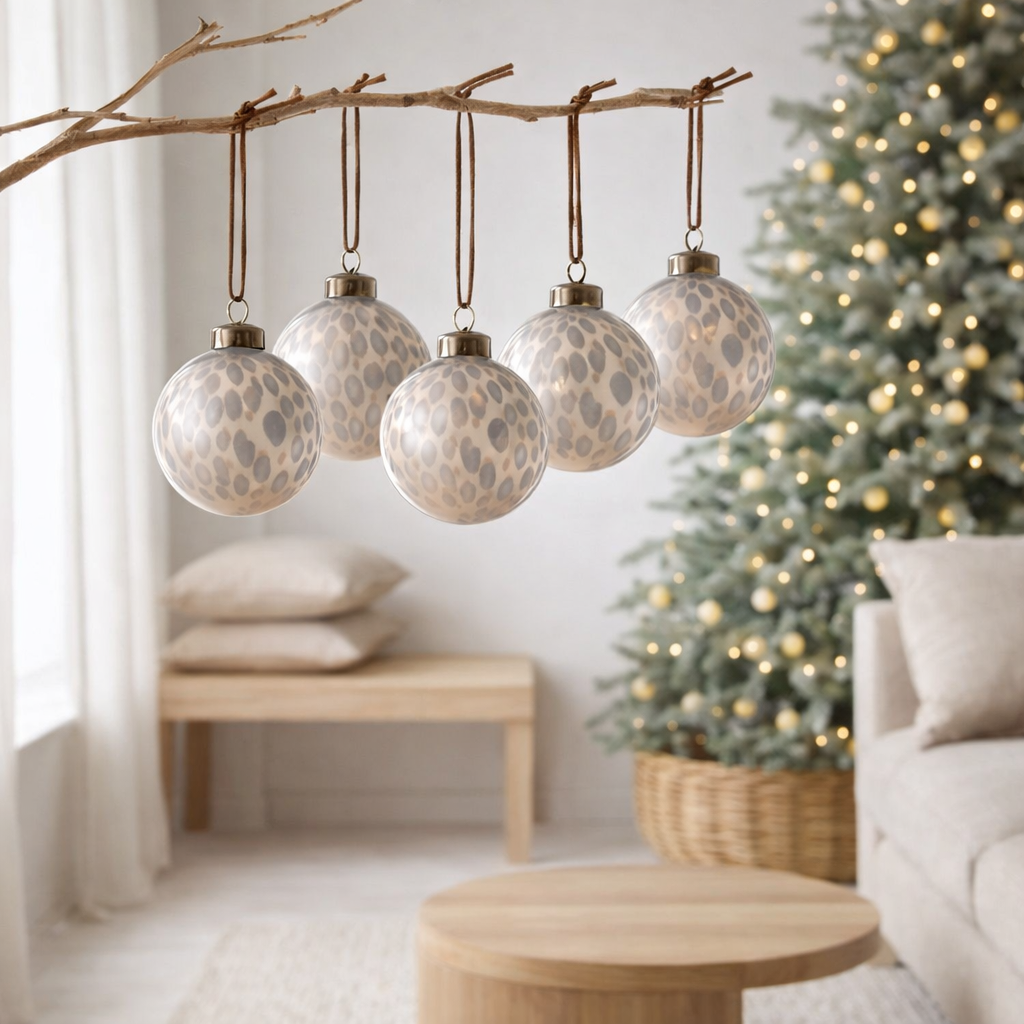 J-Line Boîte de 6 Boules de Noël Léopard Verre Beige Mix Small en situation