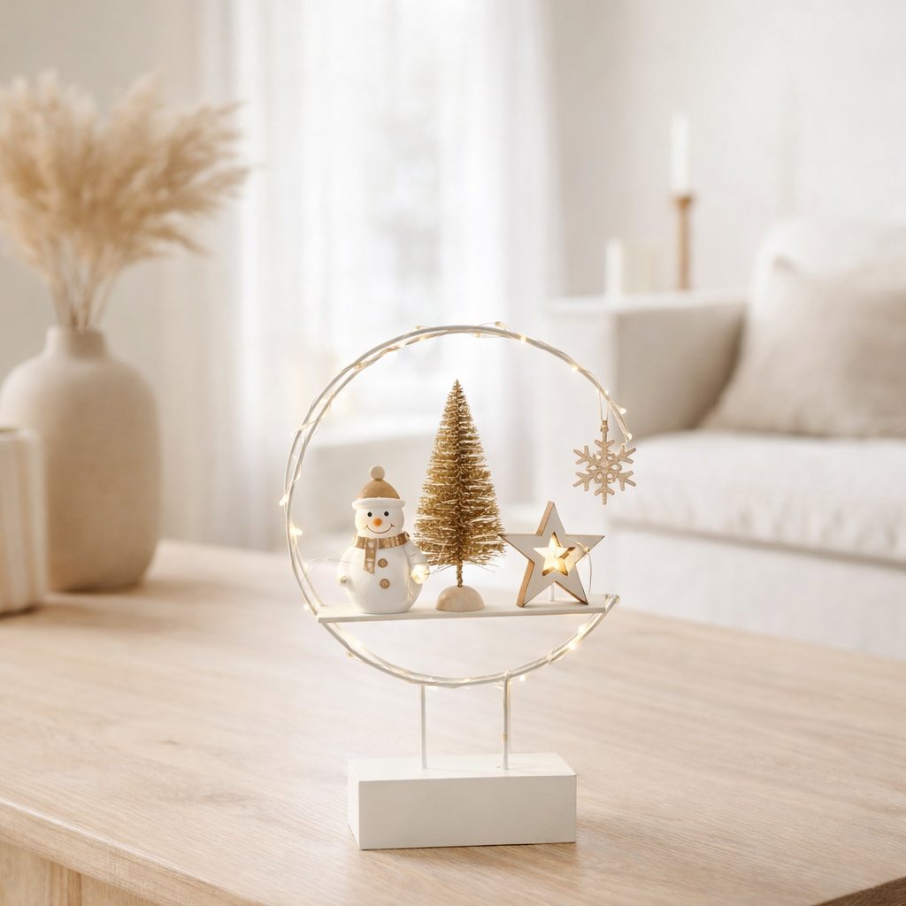 J-Line Demi-cercle Sur Pied + LED Bonhomme De Neige Bois Blanc/Or en situation
