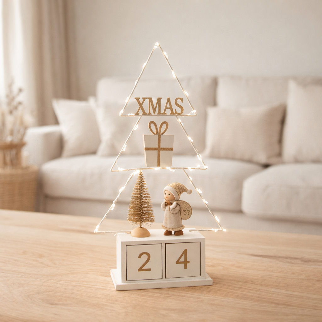 Calendrier Sapin de Noël J-Line+Led Bois Blanc/Or en situation