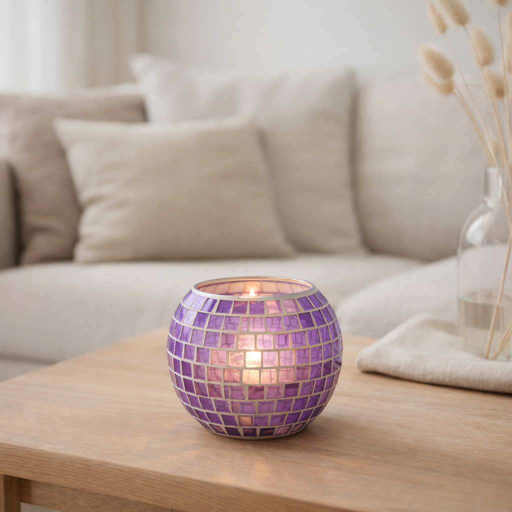 Bougeoir J-Line Mosaic Round - verre - violet - grand en situation