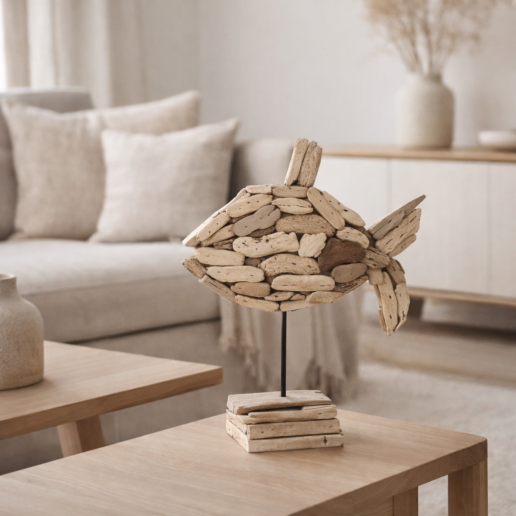 J-line décoration poisson sur les morceaux de pied - bois - naturel - petit en situation