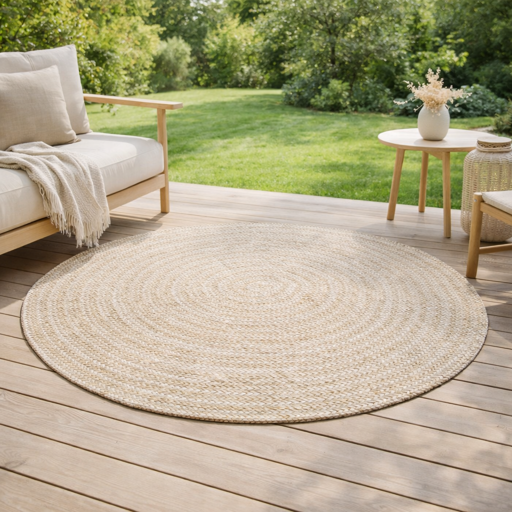 J-Line Carpet Miami Outdoor Polyester Naturel/Blanc Petit - Tapis 120 x 120 cm en situation